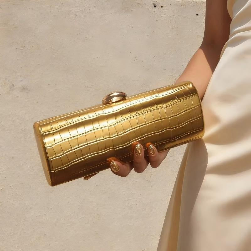 Metallic Croc Embossed Cylinder Clutch Bag - Gold