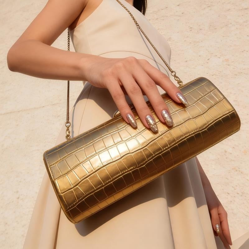 Metallic Croc Embossed Cylinder Clutch Bag