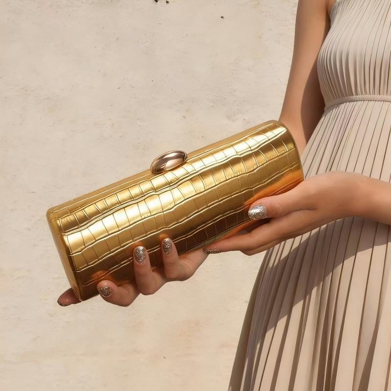Metallic Croc Embossed Cylinder Clutch Bag