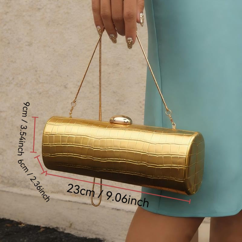 Metallic Croc Embossed Cylinder Clutch Bag