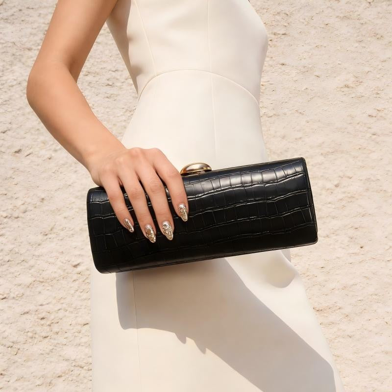 Metallic Croc Embossed Cylinder Clutch Bag