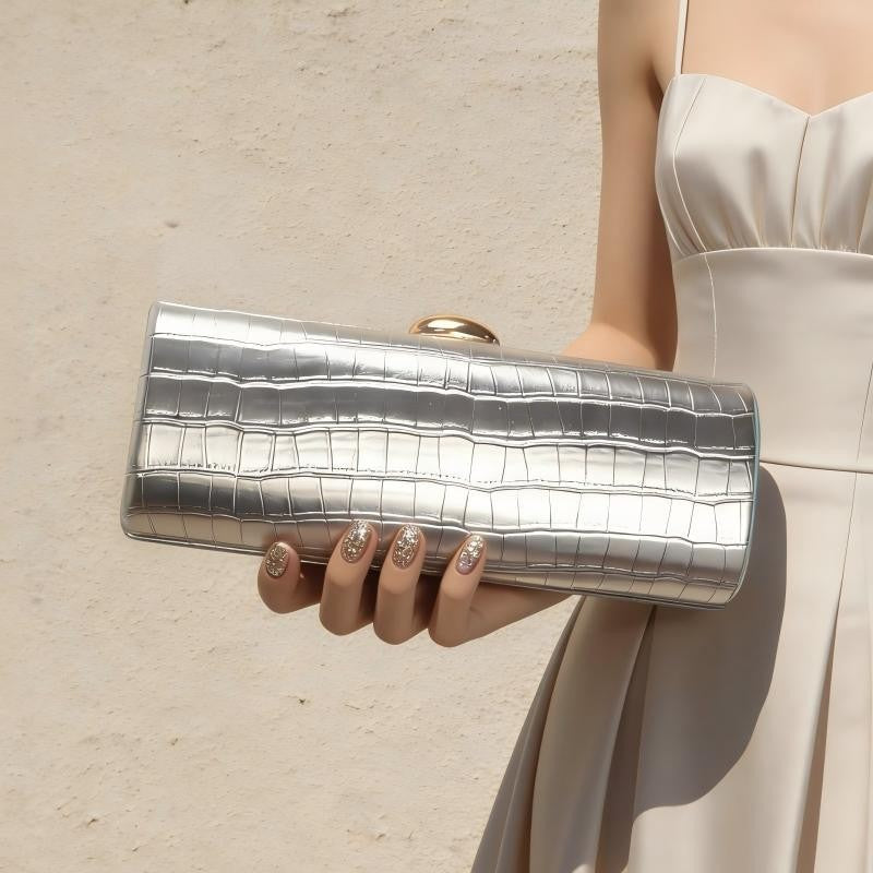 Metallic Croc Embossed Cylinder Clutch Bag