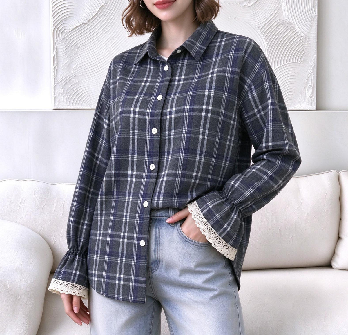 Plaid Lace Flare Cuff Oversized Button Up Shirt - Blue