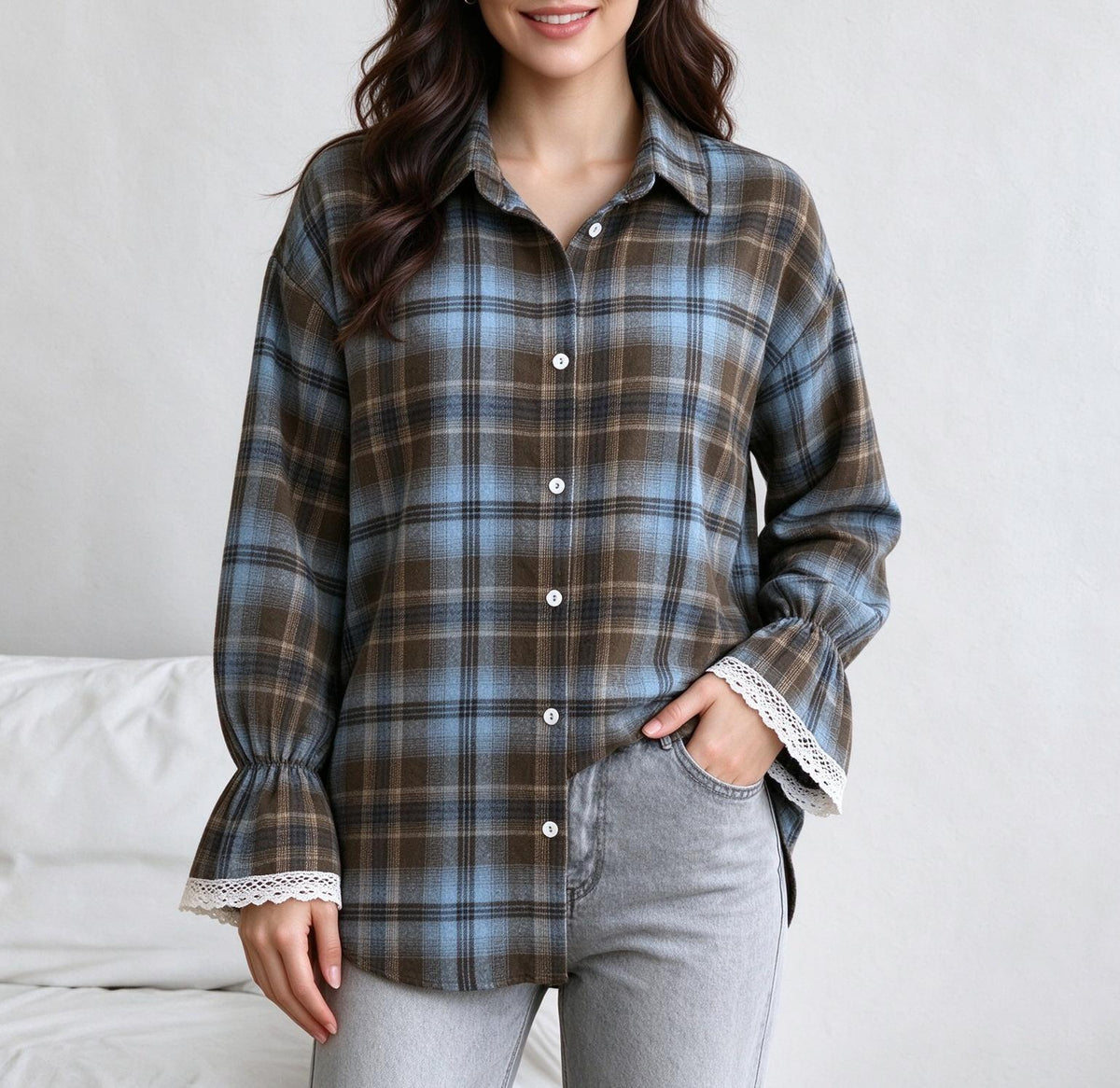 Plaid Lace Flare Cuff Oversized Button Up Shirt - CBlue