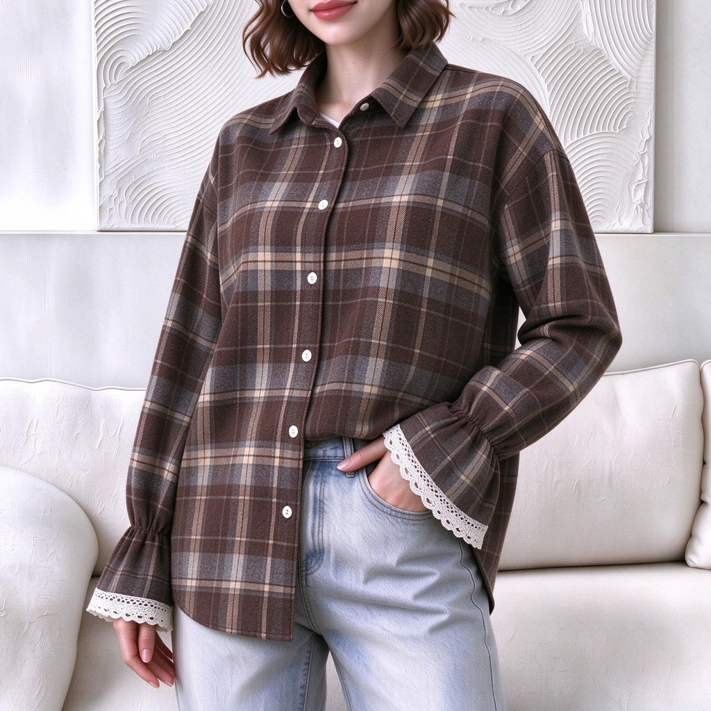 Plaid Lace Flare Cuff Oversized Button Up Shirt - Coffee