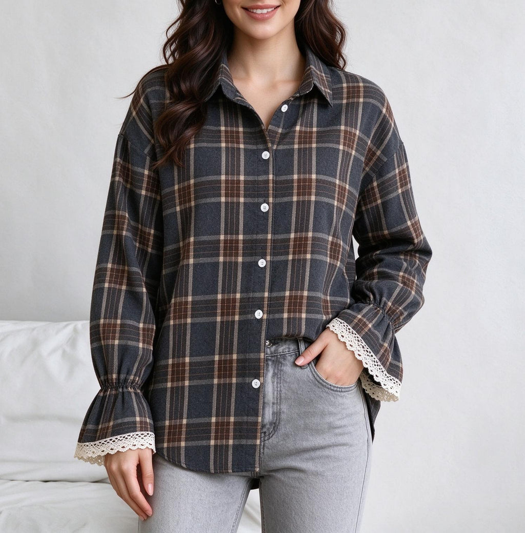 Plaid Lace Flare Cuff Oversized Button Up Shirt - DGrey
