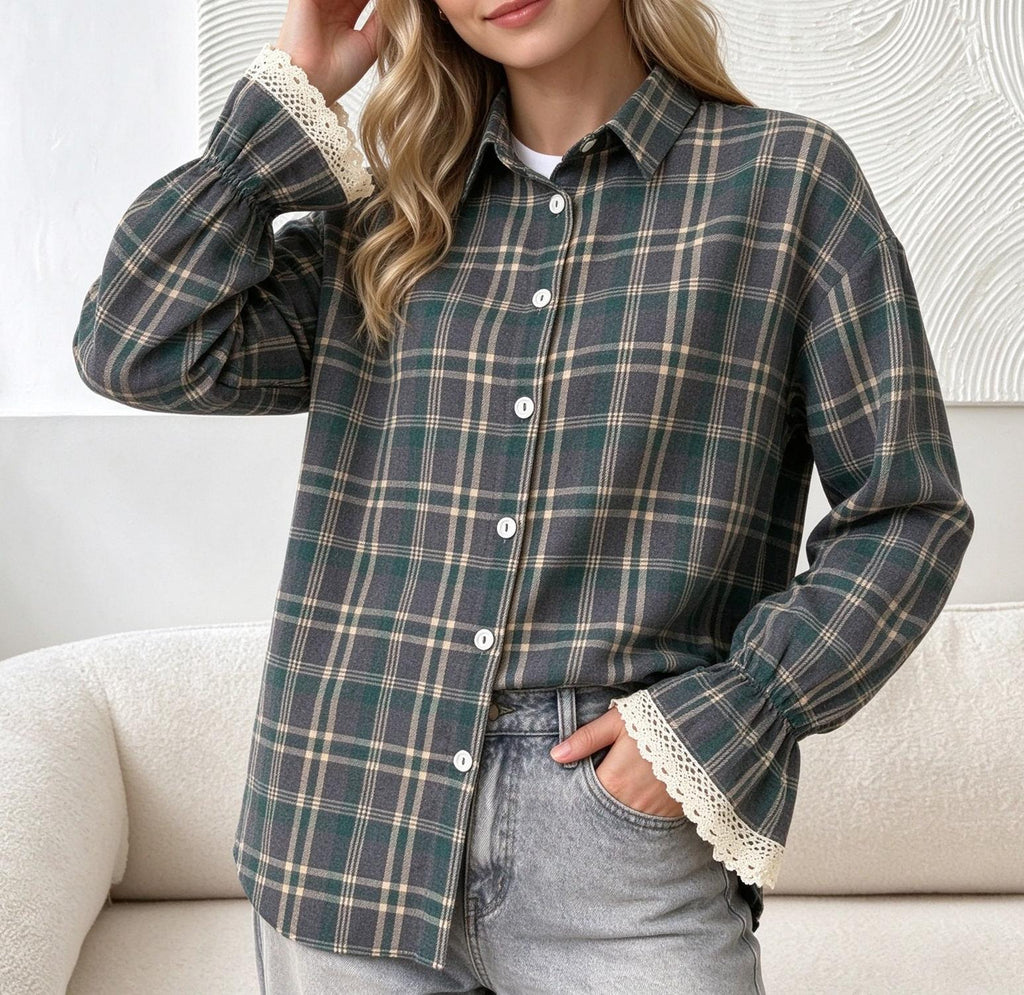 Plaid Lace Flare Cuff Oversized Button Up Shirt - Green