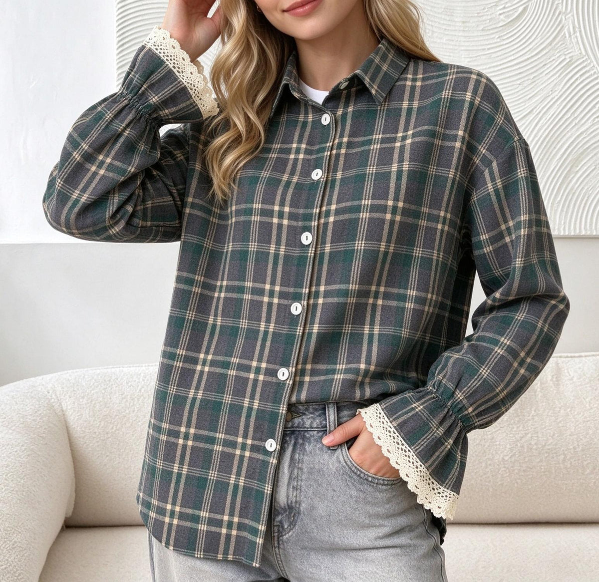 Plaid Lace Flare Cuff Oversized Button Up Shirt - Green