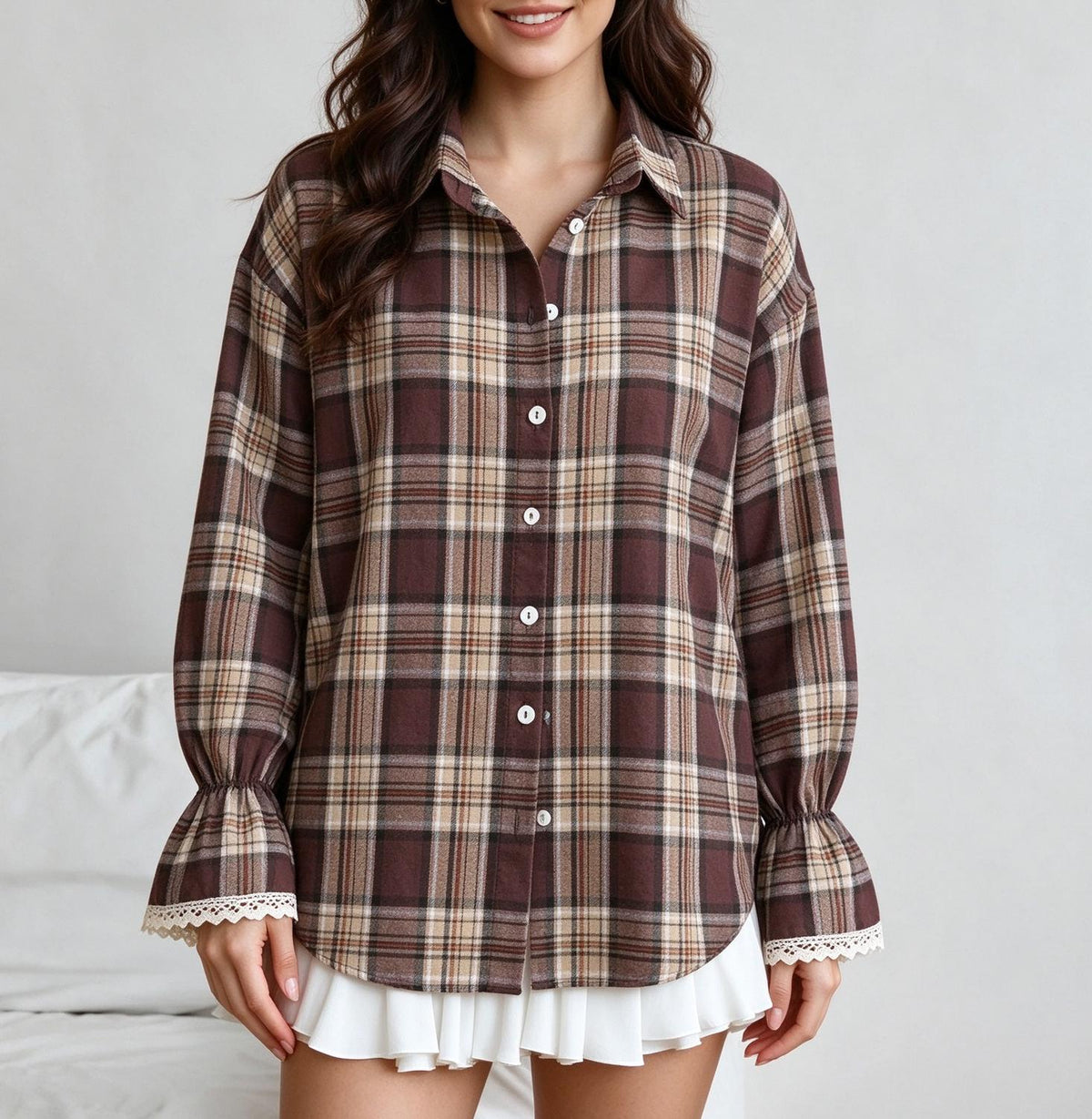 Plaid Lace Flare Cuff Oversized Button Up Shirt - Khaki