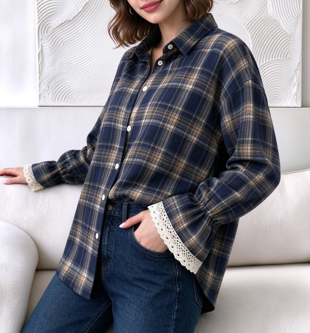 Plaid Lace Flare Cuff Oversized Button Up Shirt - Navy