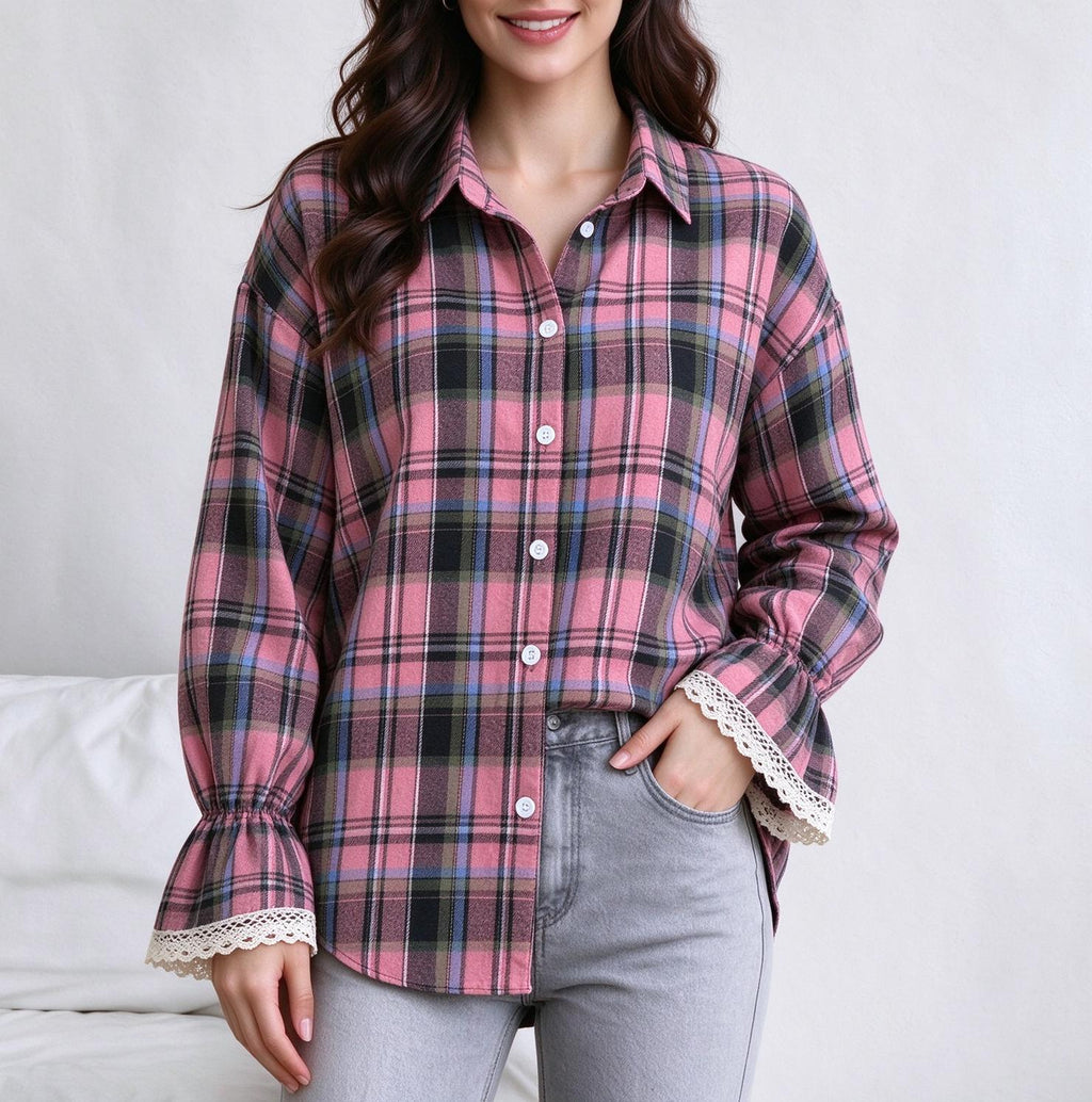 Plaid Lace Flare Cuff Oversized Button Up Shirt - Pink