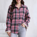 Plaid Lace Flare Cuff Oversized Button Up Shirt - Pink