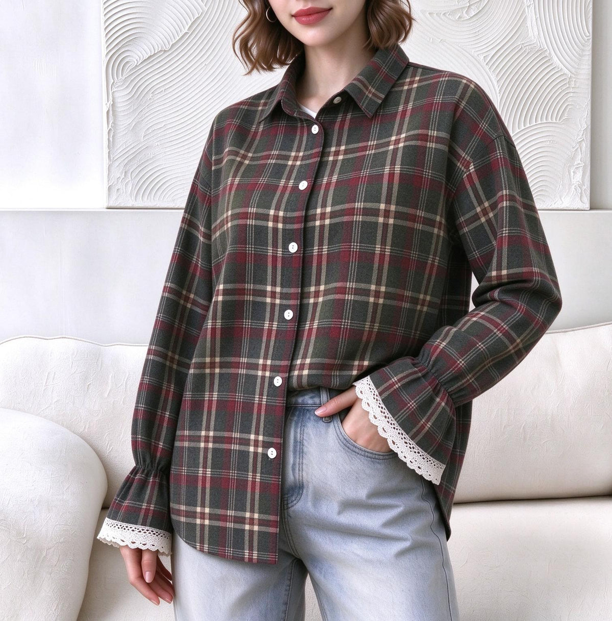 Plaid Lace Flare Cuff Oversized Button Up Shirt - RGrey