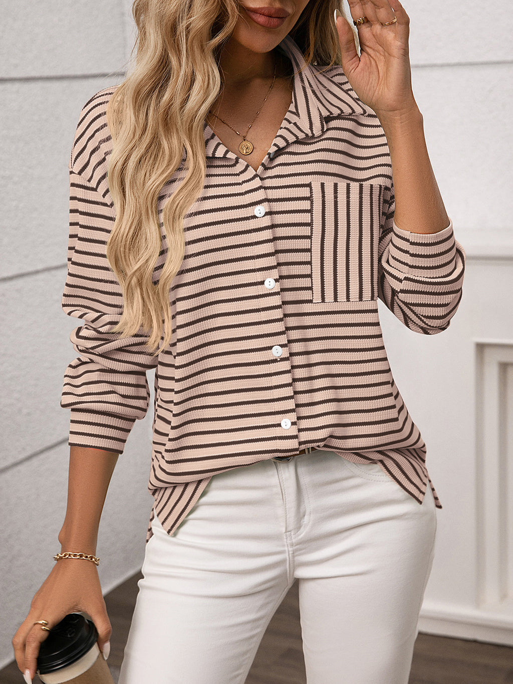 Striped Camp Collar Patch Pocket Shirt - Khaki