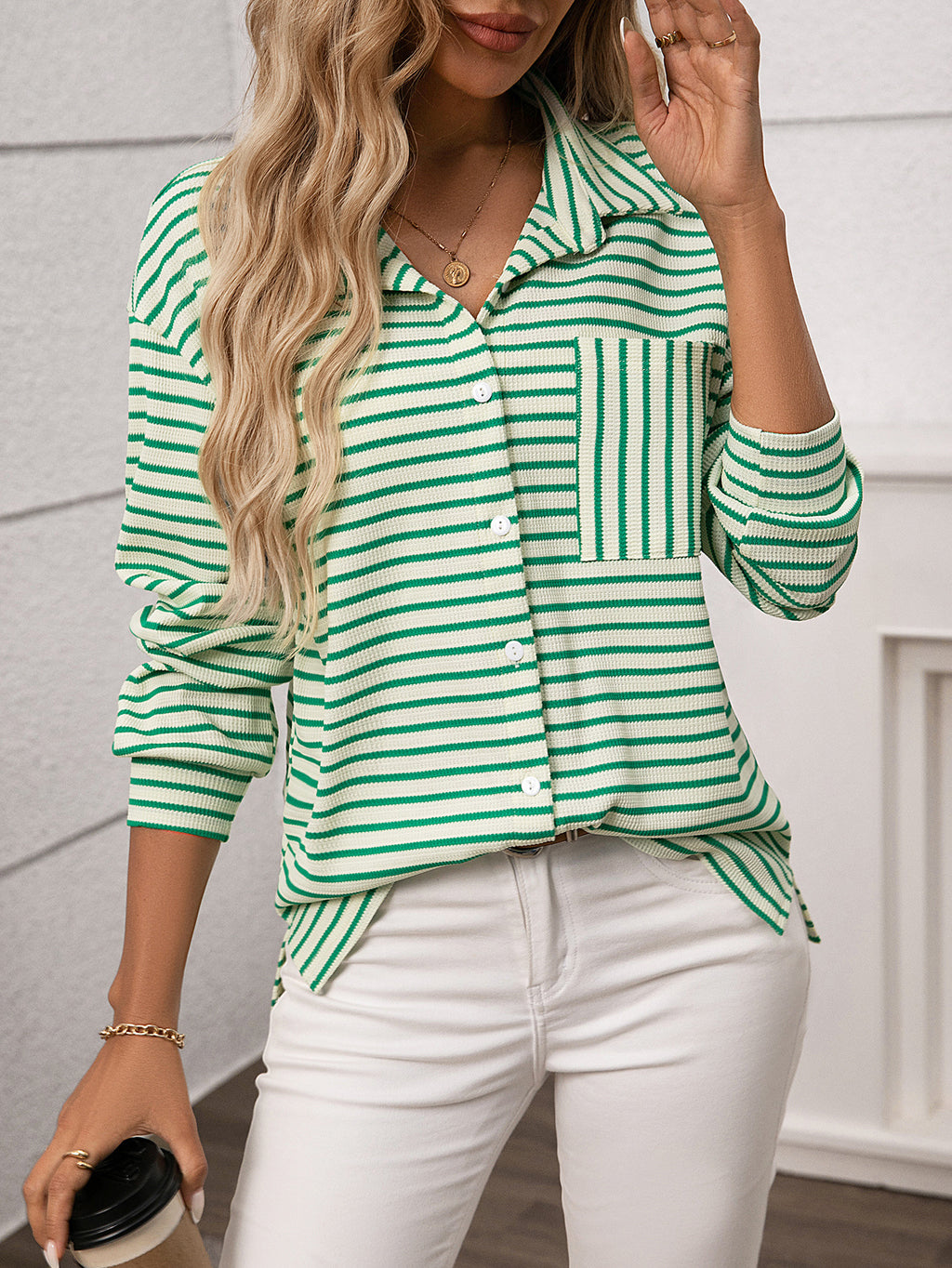 Striped Camp Collar Patch Pocket Shirt