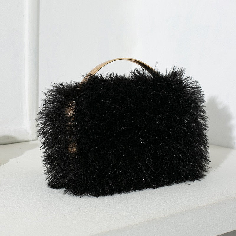 Fuzzy Fringe Top Handle Evening Clutch - Black