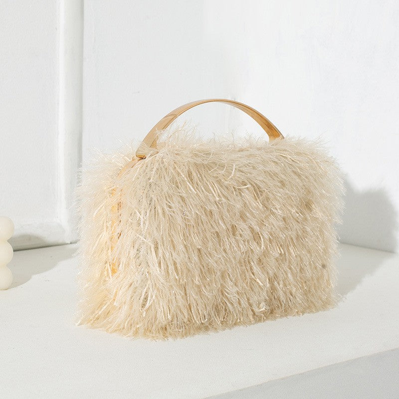 Fuzzy Fringe Top Handle Evening Clutch - Champagne