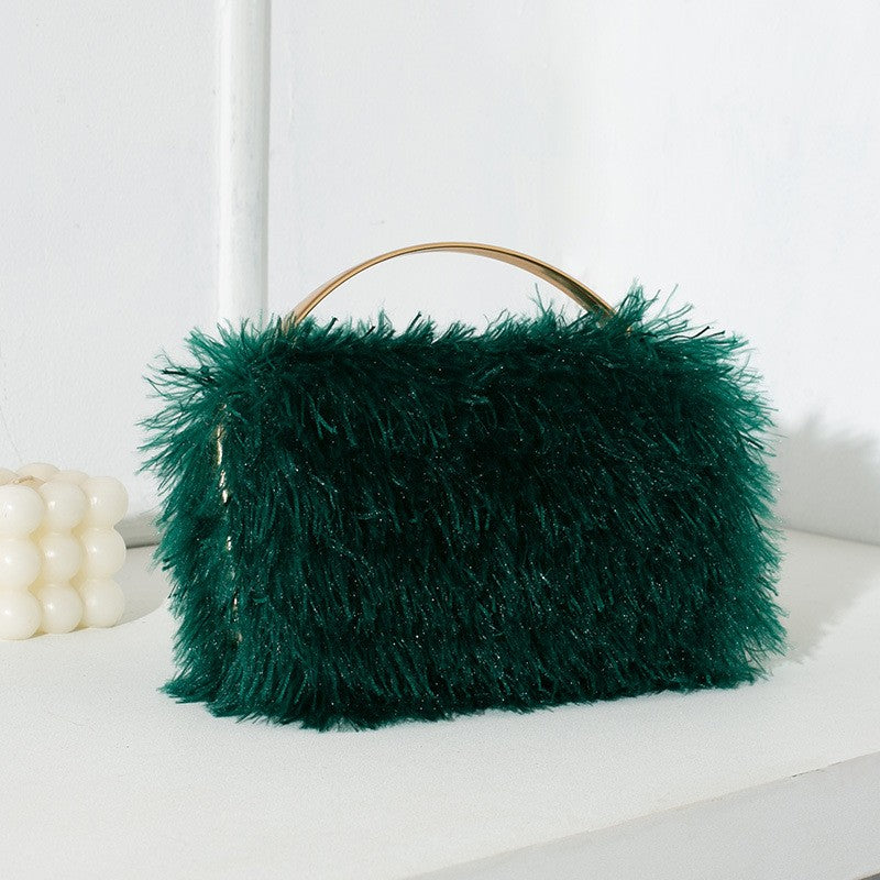 Fuzzy Fringe Top Handle Evening Clutch - Dark Green