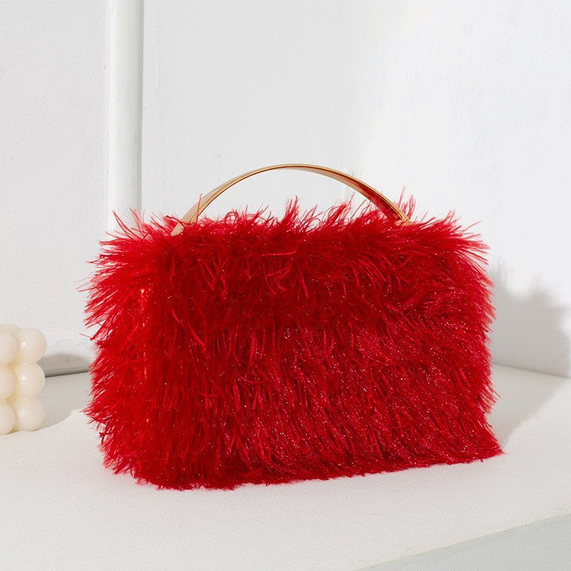 Fuzzy Fringe Top Handle Evening Clutch - Red
