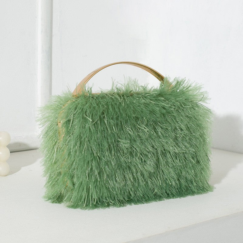 Fuzzy Fringe Top Handle Evening Clutch - Sage Green