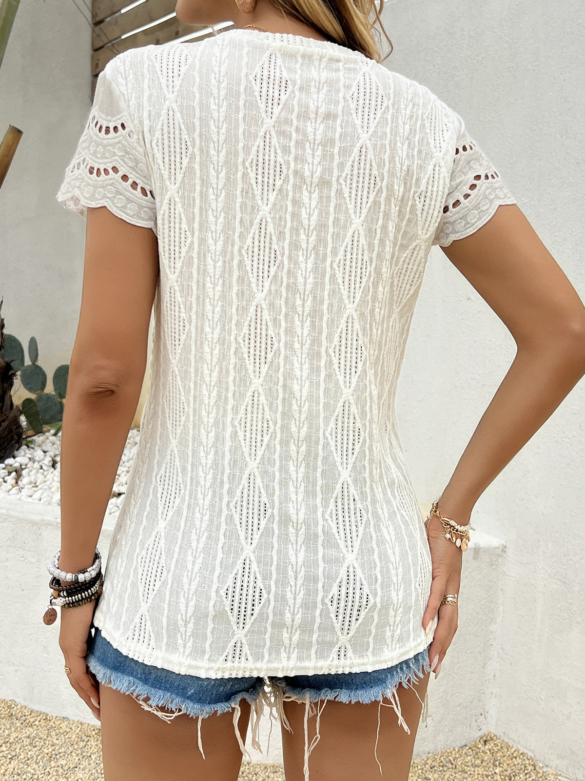 Pointelle Texture Scalloped Sleeve Crew Neck Top - Apricot - 3