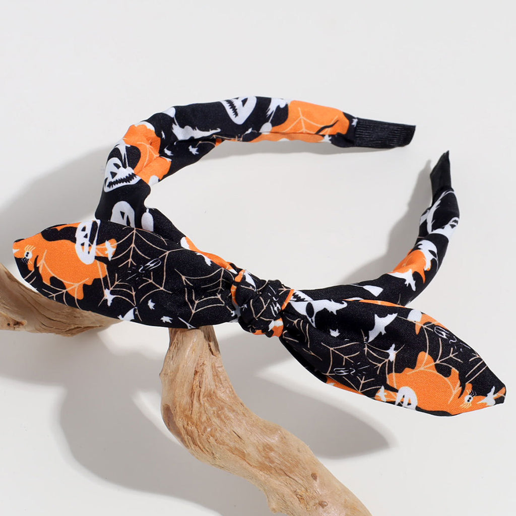 Spooky Print Bunny Ear Bow Headband For Halloween - Black