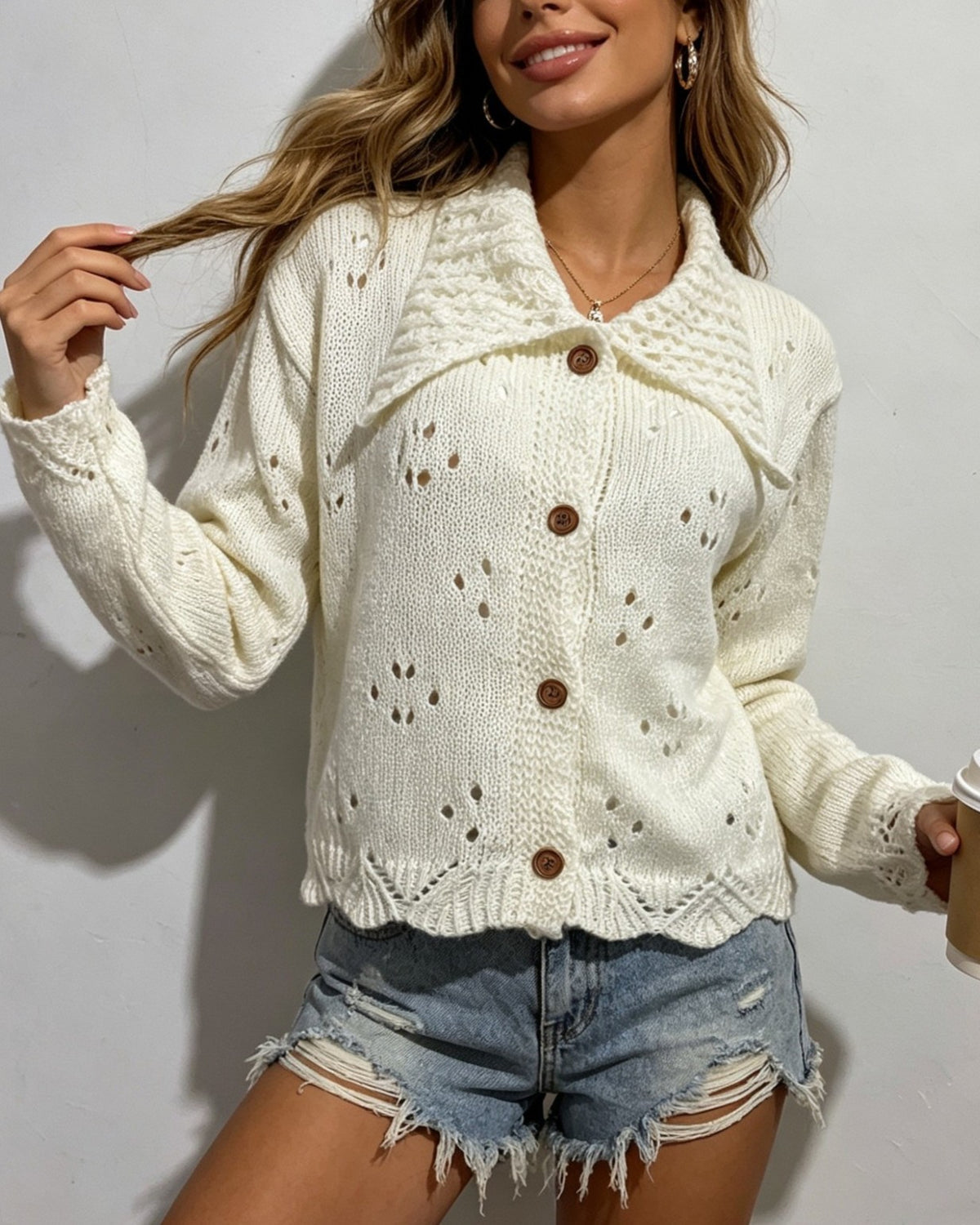 Pointelle Knit Cardigan with Oversized Collar - Off-White
