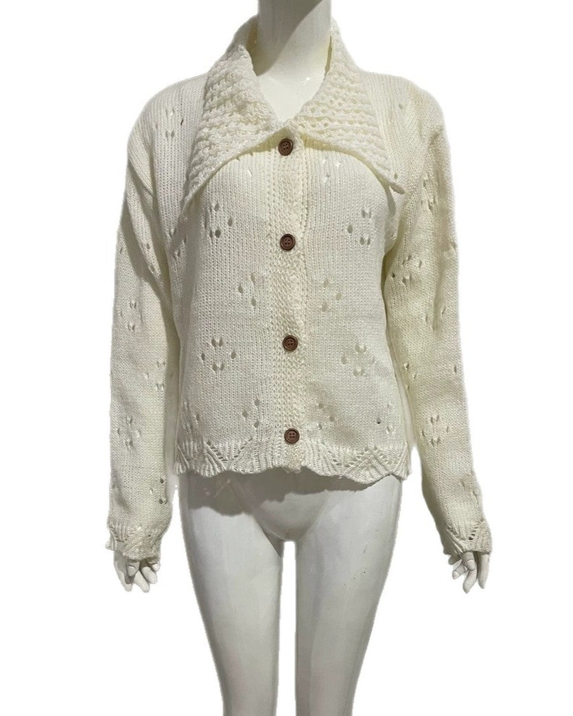 Pointelle Knit Cardigan with Oversized Collar - Off-White - 2