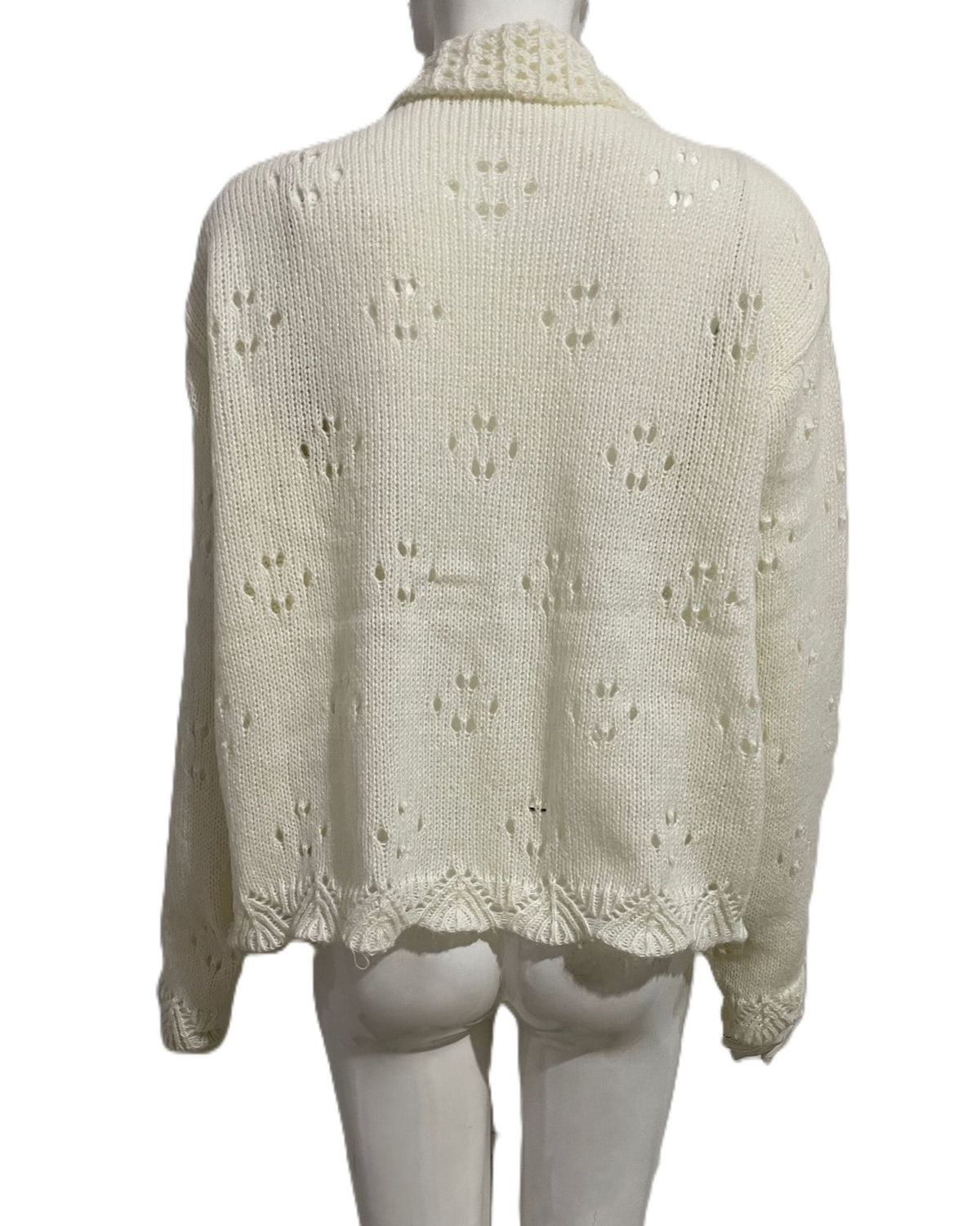Pointelle Knit Cardigan with Oversized Collar - Off-White - 3