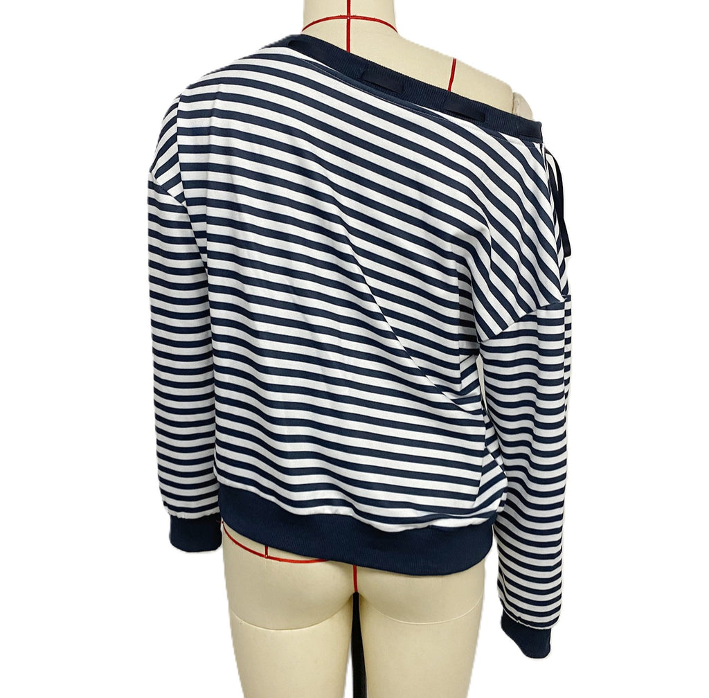 Striped Off Shoulder Slouchy Sweatshirt - Darkblue - 1