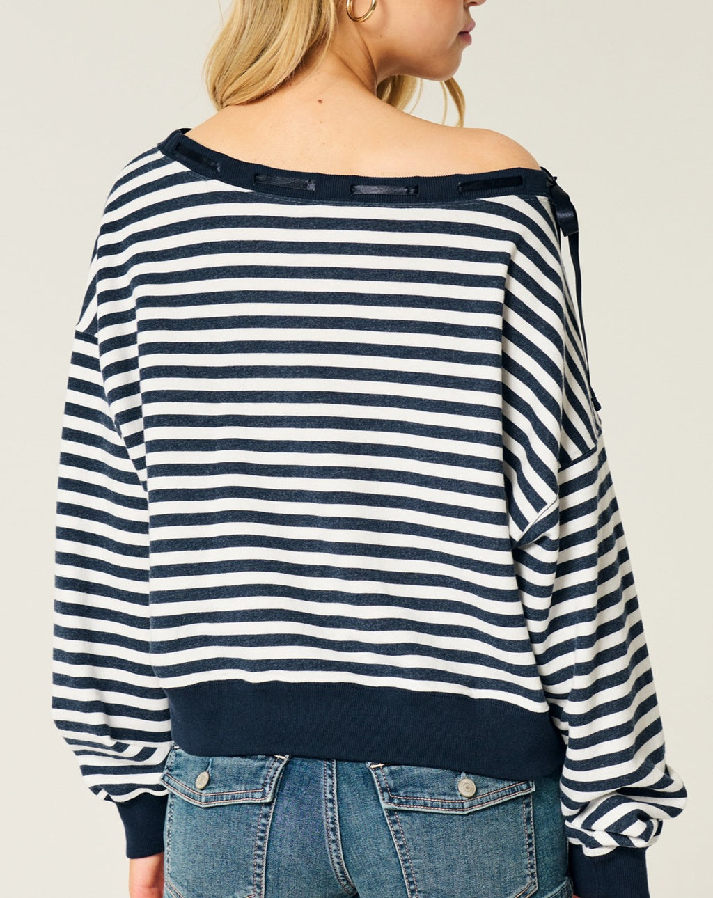 Striped Off Shoulder Slouchy Sweatshirt - Darkblue - 2