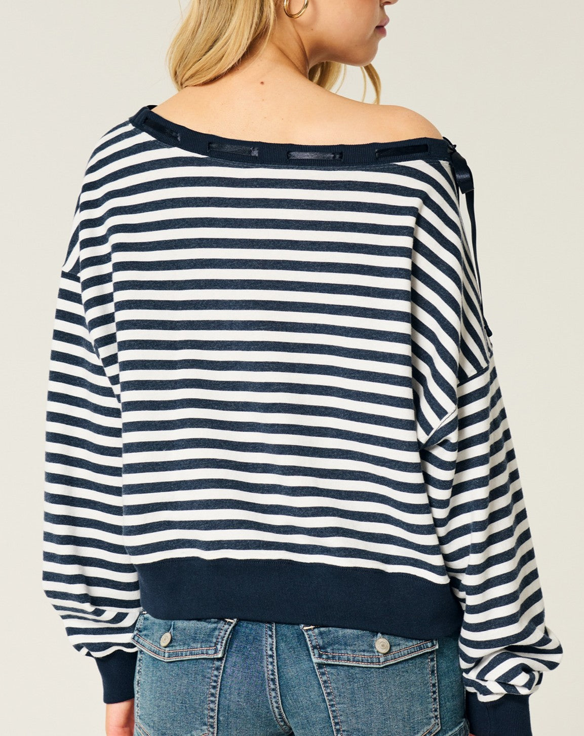 Striped Off Shoulder Slouchy Sweatshirt - Darkblue - 2