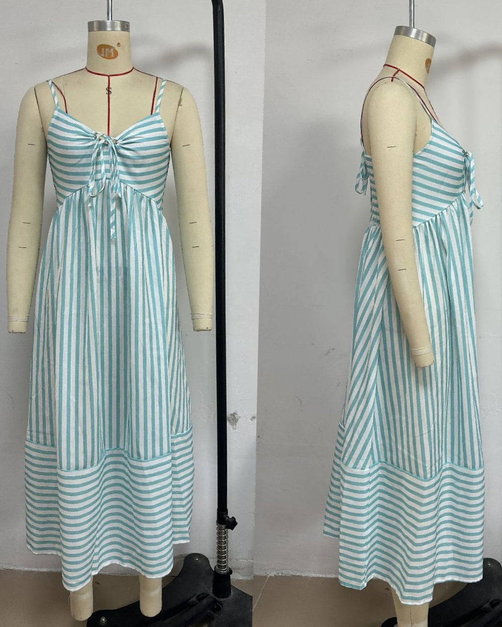 Striped Tie Front Cami Maxi Dress - Cyan