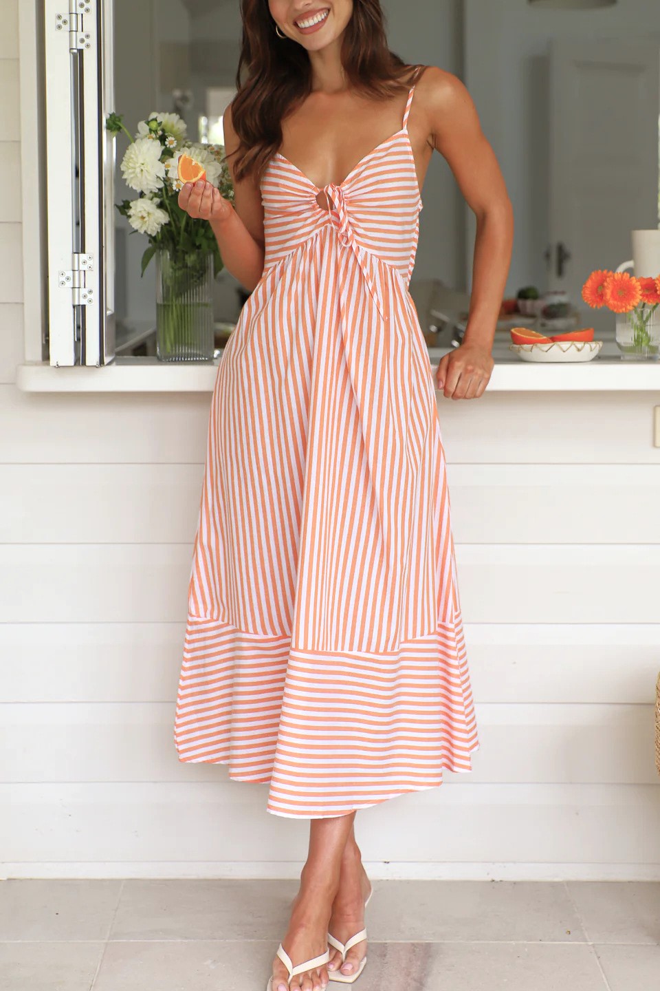Striped Tie Front Cami Maxi Dress - Pink - 1