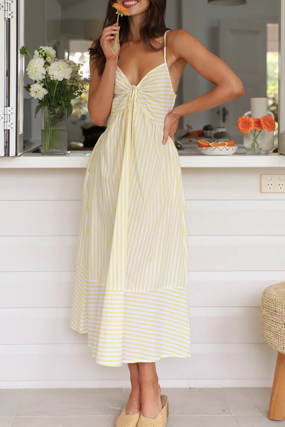 Striped Tie Front Cami Maxi Dress - Yellow - 1