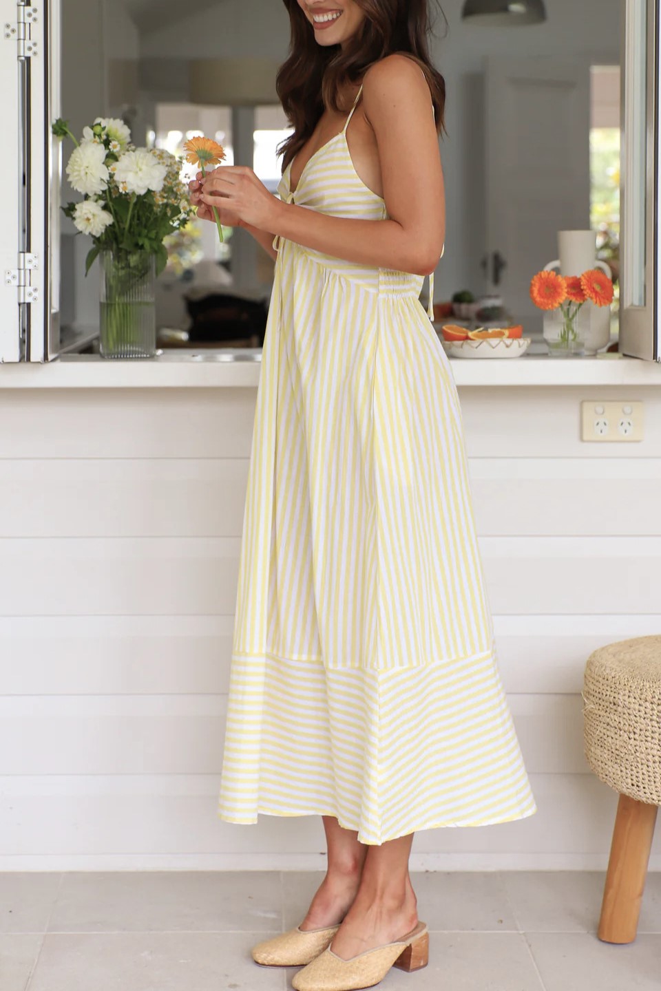 Striped Tie Front Cami Maxi Dress - Yellow - 2