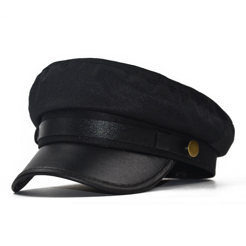 Faux Leather Brim Baker Boy Beret - black