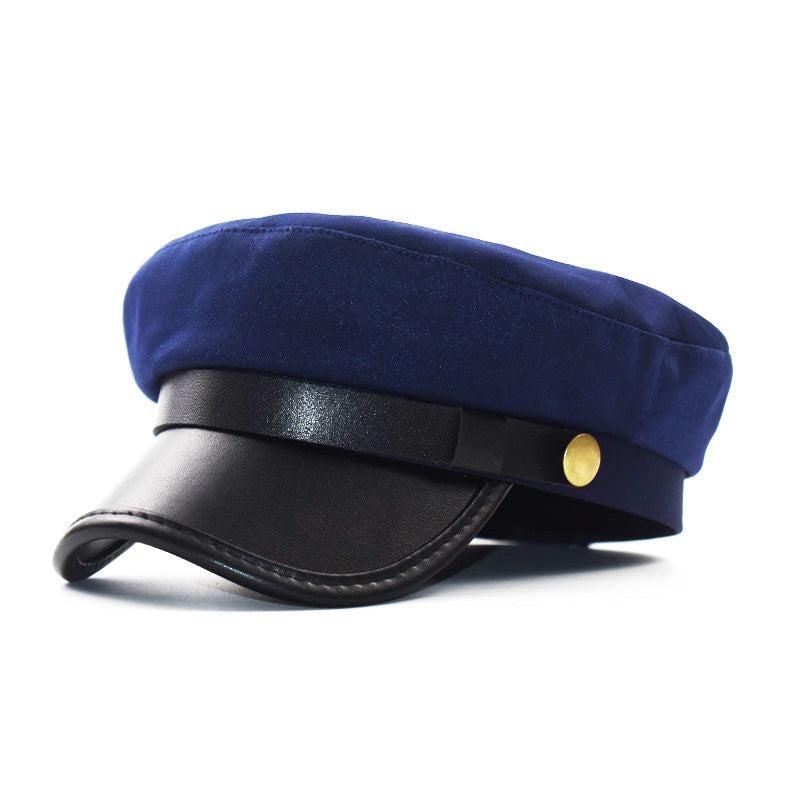 Faux Leather Brim Baker Boy Beret - blue