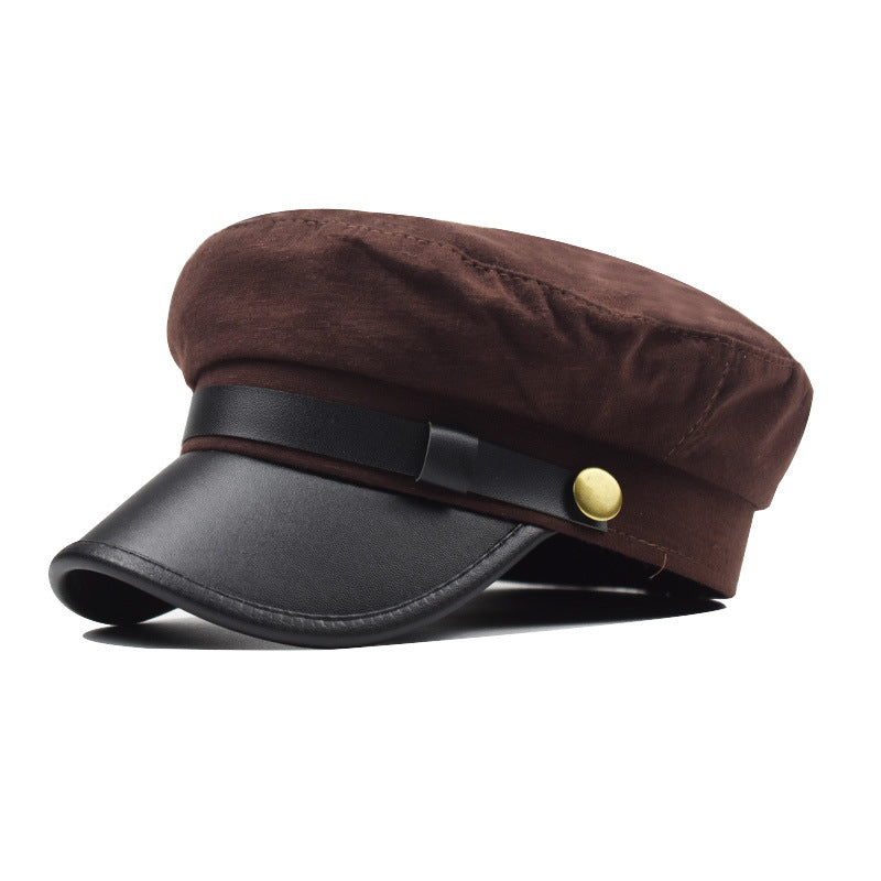 Faux Leather Brim Baker Boy Beret - coffee