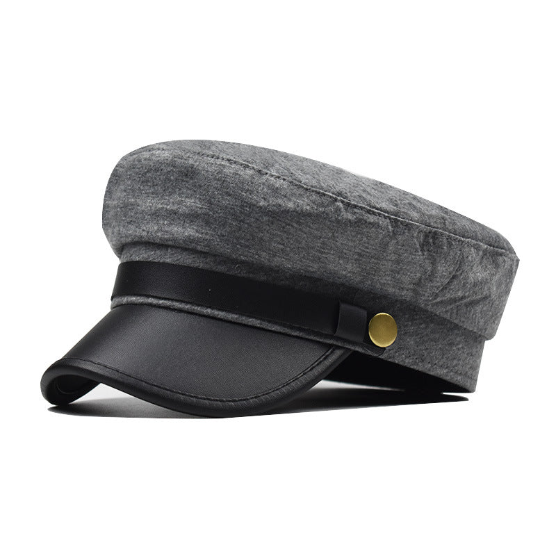 Faux Leather Brim Baker Boy Beret - gray