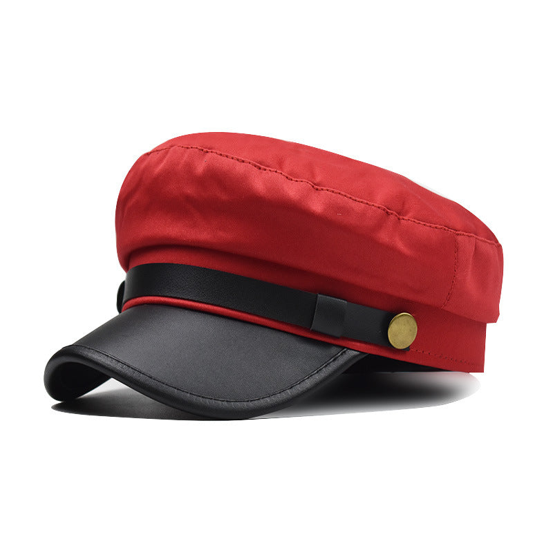Faux Leather Brim Baker Boy Beret - red