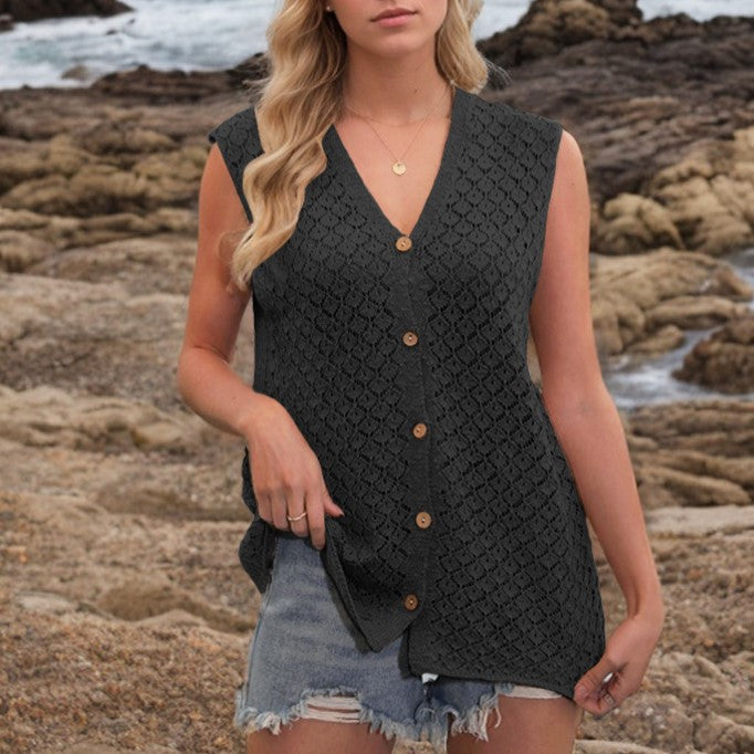 Buttoned V-Neck Pointelle Knit Vest Top - Black