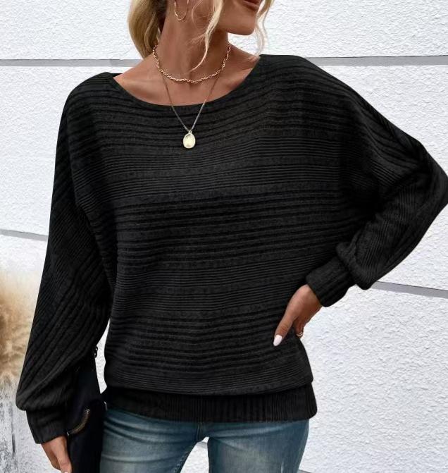 Textured Batwing Sleeve Boat Neck T Shirt - Black