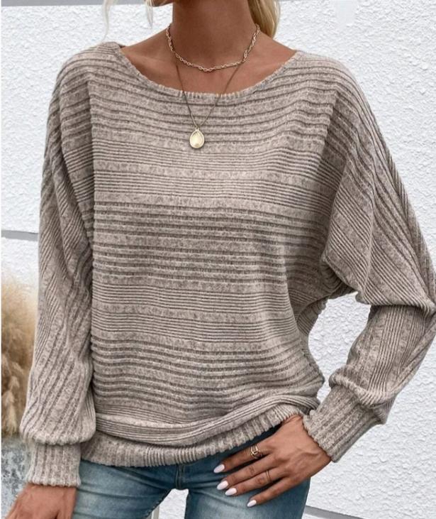 Textured Batwing Sleeve Boat Neck T Shirt - Khaki