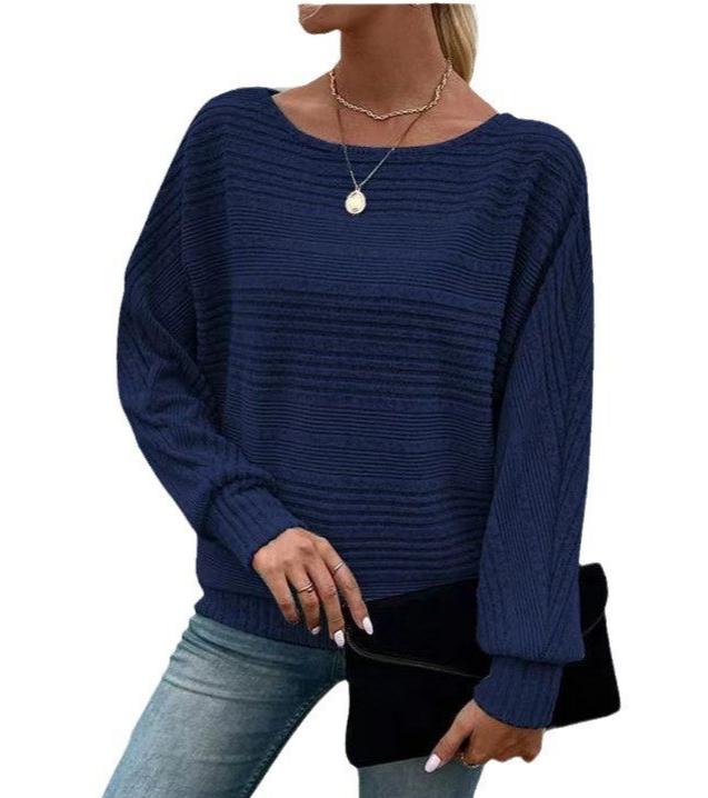 Textured Batwing Sleeve Boat Neck T Shirt - Navyblue