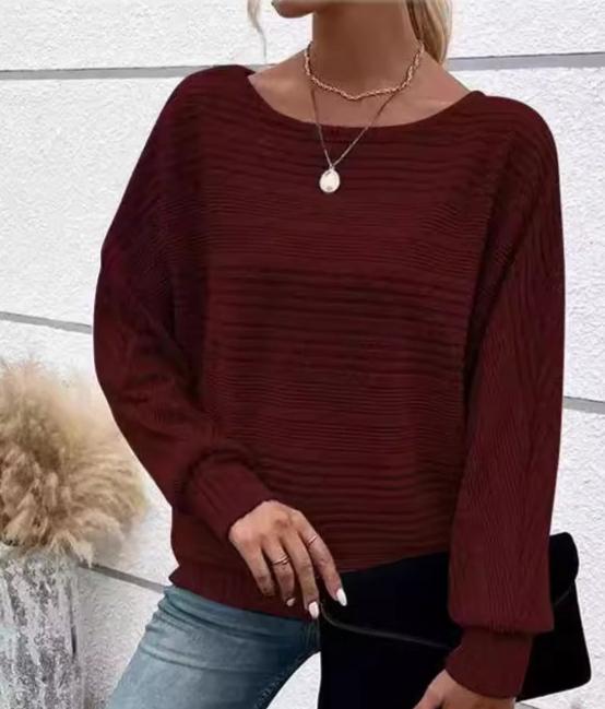 Textured Batwing Sleeve Boat Neck T Shirt - Wine_red