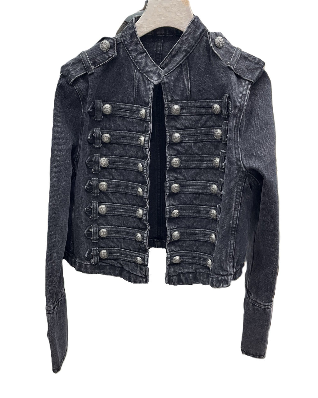 Cropped Denim Jacket With Military Button Rows - Black