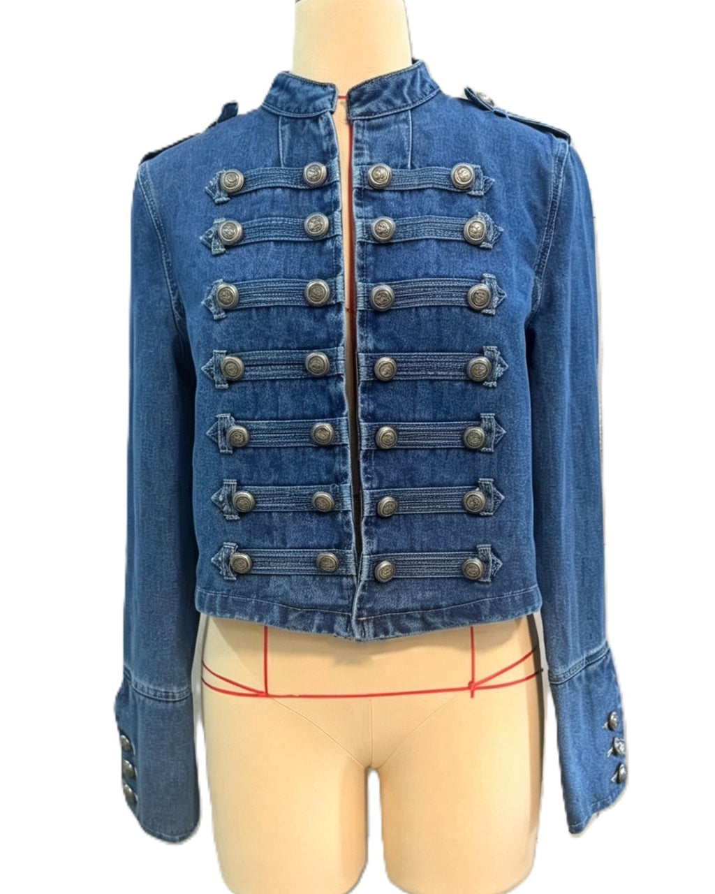 Cropped Denim Jacket With Military Button Rows - Blue