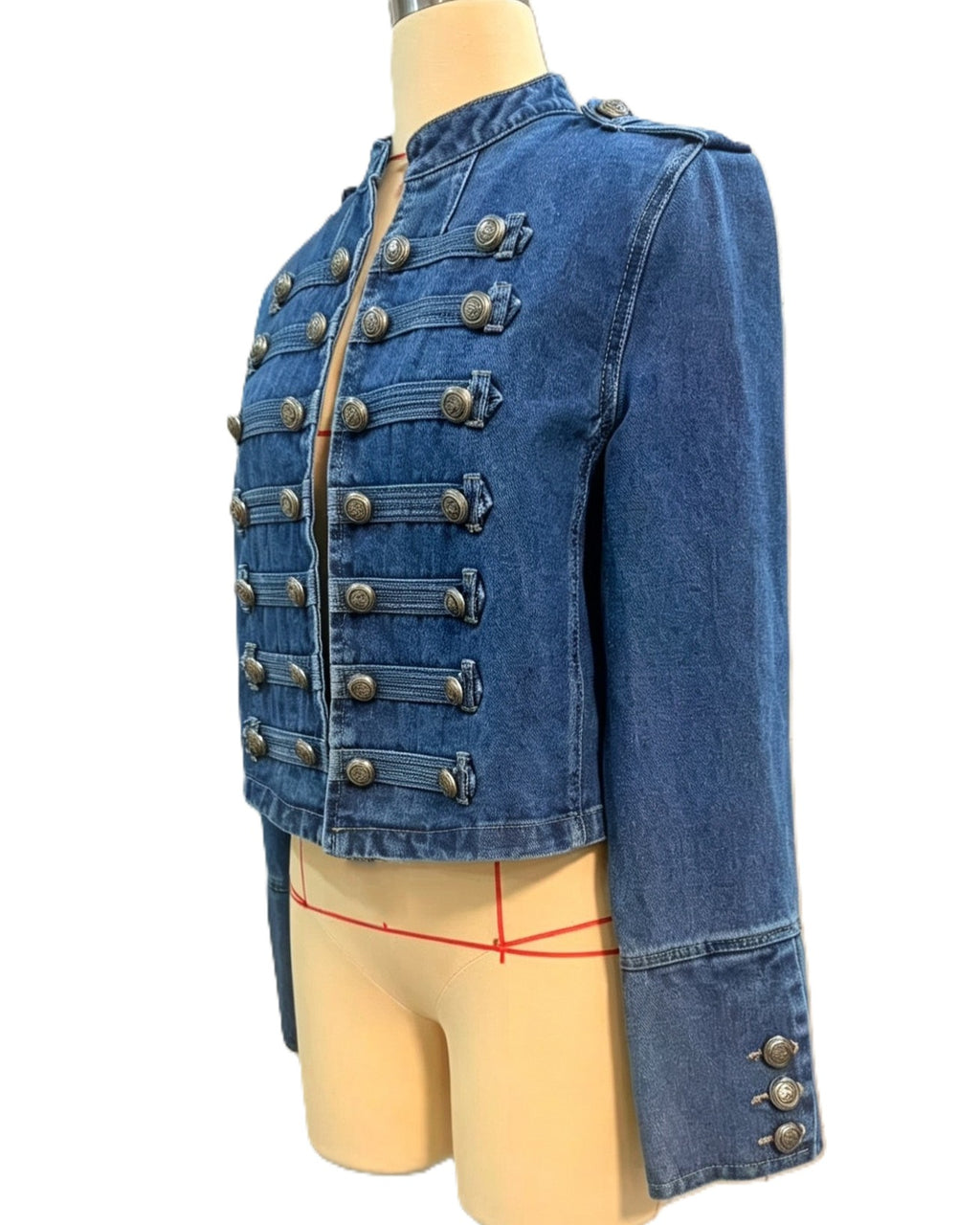 Cropped Denim Jacket With Military Button Rows - Blue - 1