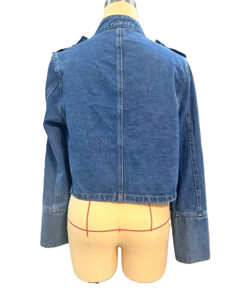 Cropped Denim Jacket With Military Button Rows - Blue - 2